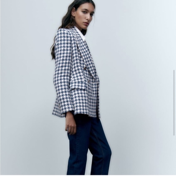 Zara Blue Double Breasted Houndstooth Blazer size S  academia preppy old money - Picture 7 of 13